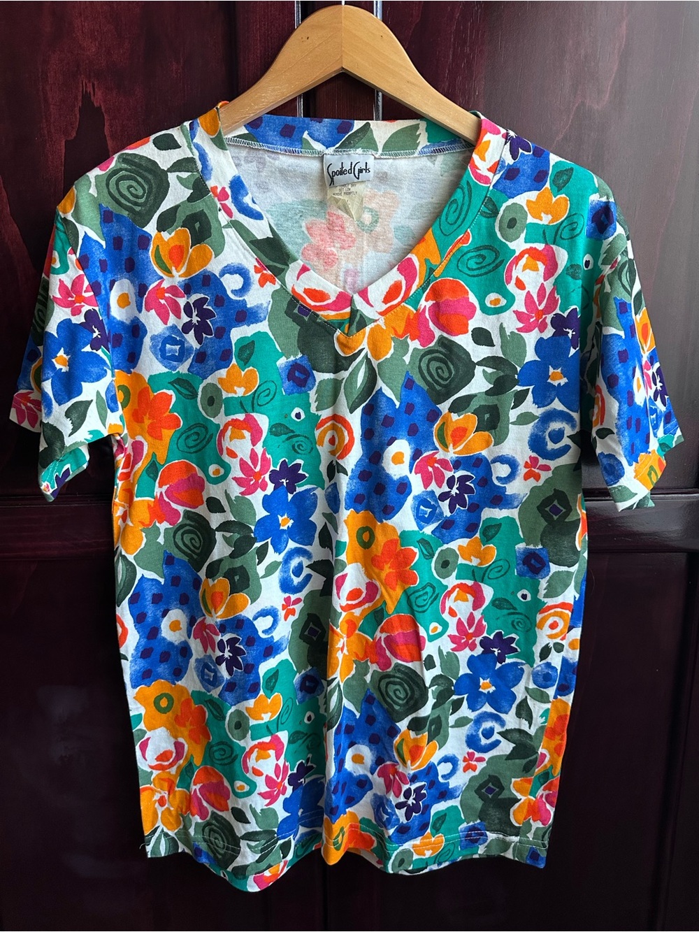 Vintage Oversized Floral V-Neck Short Sleeve Cotton Tee
